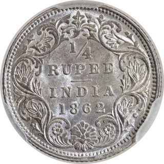 Scarce NGS MS 61 Graded Silver Quarter Rupee Coin of Victoria Queen of Calcutta Mint of 1862.