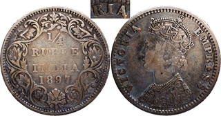 Silver Quarter Rupee Coin of Victoria Empress of Bombay Mint of 1897.