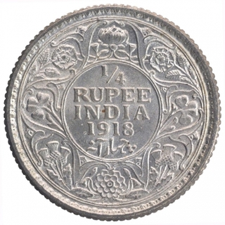 Gem Uncirculated Silver Quarter Rupee Coin of King George V of Calcutta Mint of 1918.