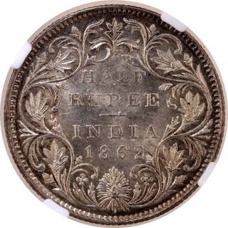 Very Rare NGC MS 63 Graded Silver Half Rupee Coin of Victoria Queen of Madras Mint of 1862.