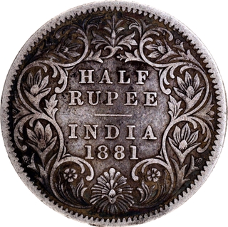Rare Silver Half Rupee Coin of Victoria Empress of Calcutta Mint of 1881.