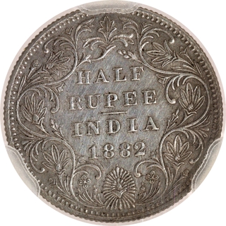 Very Rare Difficult Date NGS AU 55 Graded Silver Half Rupee Coin of Victoria Empress of Bombay Mint of 1882.