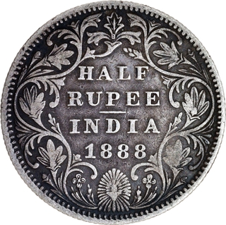 Rare Silver Half Rupee Coin of Victoria Empress of Bombay Mint of 1888.