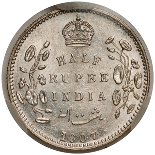 Very Rare NGS MS 61 Graded Silver Half Rupee Coin of King Edward VII of Bombay Mint of 1907.