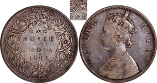 Silver One Rupee Coin of Victoria Queen of Bombay Mint of 1862 of B/II/2/0 Dots.