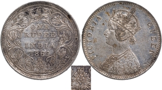 Silver One Rupee Coin of Victoria Queen of Bombay Mint of 1862 of A/II/0/4 Dots.