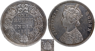 Silver One Rupee Coin of Victoria Queen of Bombay Mint of 1862 of A/II/0/6 Dots.