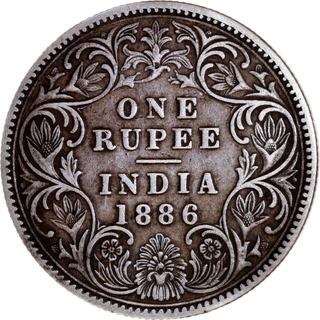 Silver One Rupee Coin of Victoria Empress of Bombay Mint of 1886.