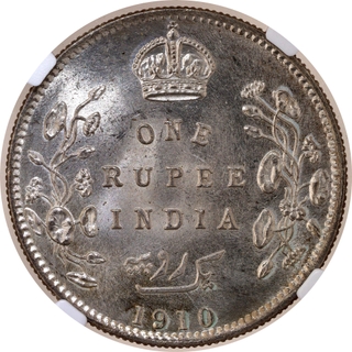 Very Rare NGC MS 64 Graded Silver One Rupee Coin of King Edward VII of Calcutta Mint of 1910.