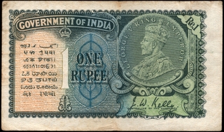 Rare King George V One Rupee Banknote of British India Signed by J W Kelly of 1935.