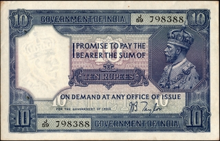 Ten Rupees Banknote of King George V Signed by J B Taylor of 1926 of British India.