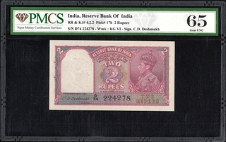 Rare PMCS 65 Graded British India Two Rupees Banknote of  King George VI of 1943 Signed by C D Deshmukh.