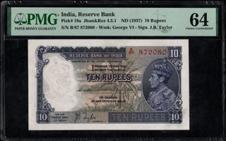 Rare PMG 64 Graded Ten Rupees Banknote of King George VI of 1938 Signed by J B Taylor of British India.