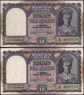 Consecutive Pair Ten Rupees Banknotes of King George VI Signed by C D Deshmukh of 1944.