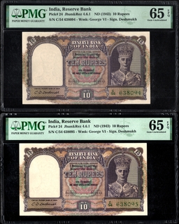 Very Rare PMG 65 Graded Consecutive Pair Ten Rupees Banknote of King George VI Signed by C D Deshmukh of 1944.