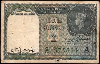 Rare Pakistan Overprint One Rupee Banknote of King George VI of 1948 Signed by C E Jones of Pakistan Issue.