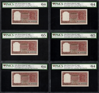 PMCS 64 and 65 Graded Two Rupees Consecutive Banknotes of Republic India of 1950 Signed by B Rama Rau.