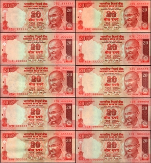 Extremely Rare Fancy Number 111111 to 10L Twenty Rupees Banknotes of Bimal Jalan of Republic India of 1997-2003.