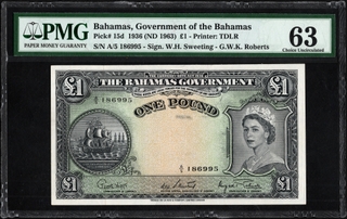 Extremely Rare One Pound Banknote of Elizabeth II of 1936 of Bahamas.