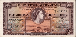 Very Rare Five Shillings Banknote of Elizabeth II of 1957 of Bermuda.