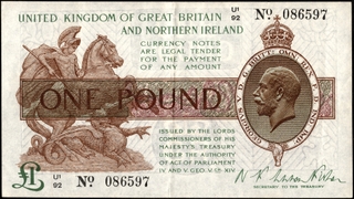 Rare One Pound Banknote of George V King of 1917 Signed by Norman Fenwick Warren Fisher of United Kingdom.