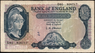Five Pounds Banknote Signed by L K O'Brien of Queen Elizabeth II of United Kingdom of 1957.