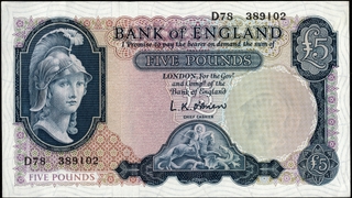 Five Pounds Banknote of Queen Elizabeth II of United Kingdom 1957.
