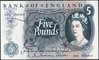 Rare Five Pounds Banknote of 1963 of Queen Elizabeth II of United Kingdom.