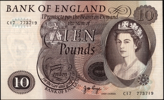 Rare Ten Pounds Banknote Signed by John Brangwyn Page of Queen Elizabeth II of United Kingdom of 1964.