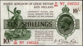 Rare Ten Shillings Banknote of George V King Signed by Norman Fenwick Warren Fisher of United Kingdom of 1922.