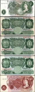 Rare One Pound and Ten Shillings Banknotes of Elizabeth II and George V of United Kingdom.