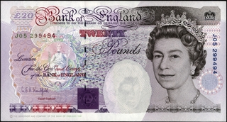 Twenty Pounds Banknote of Elizabeth II of 1991 of United Kingdom.