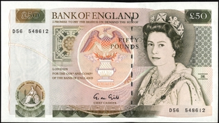 Rare Fifty Pounds Banknote of Queen Elizabeth II of United Kingdom 1981.