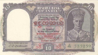 KGVI. 10Rs. Burma Ovpt "Burma Currency Board". 1945. C.D.Deshmukh. J46 735253. Rare. UNC.