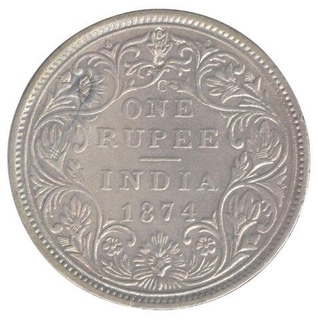 Silver One Rupee Coin of Victoria Queen of No Mint Mark of 1874.