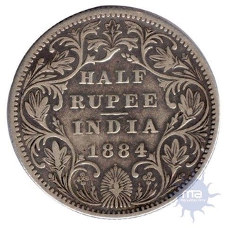 Silver Half Rupee Coin of Victoria Empress of Bombay Mint of 1884.