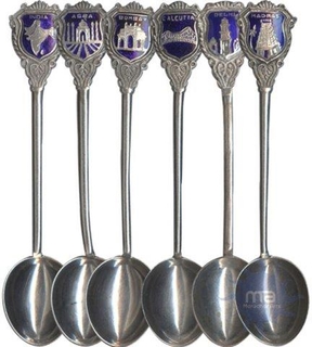 Set of 6 Blue Enameled Spoons of Souvenir Vintage Collector's.