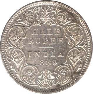 Silver Half Rupee Coin of  Victoria Empress of Calcutta Mint of 1889.