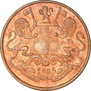 Copper One Quarter Anna of East India Company of Calcutta Mint of 1835.