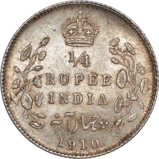 Silver Quarter Rupee of King Edward VII of Calcutta Mint of 1910.