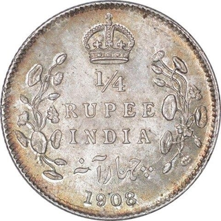 Silver Quarter Rupee Coin of King Edward VII of Calcutta Mint of 1908.