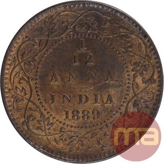 Copper One Twelfth Anna Coin of Victoria Empress of 1889.