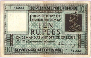 Rare Ten Rupees Note of King George V of H. Denning.