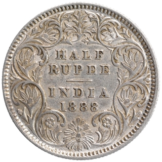 Silver Half Rupee Coin of Victoria Empress of Calcutta Mint of 1888.