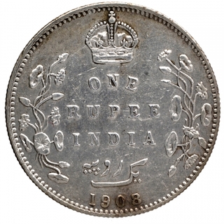 Silver One Rupee Coin of King Edward VII of Bombay Mint of 1908.