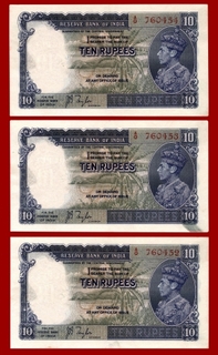 Ten Rupees Bank Notes of King George VI of Signed by J.B.Taylor of 1938.