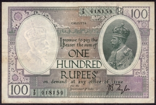 One Hundred Rupees Note of King George V Signed by J.B.Taylor of 1928.