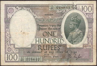 One Hundred Rupees Banknote of King George V Signed by J B Taylor of 1928 of Rangoon Circle.