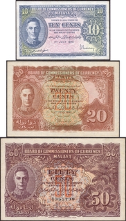 Set of Three Banknotes of King George VI of Malaya 1941 .