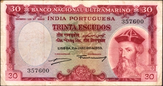 Trinta Escudos Banknote of Banco Nacional Ultramarino of Indo Portuguese of 1959.